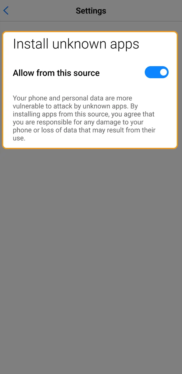 Enable installations from unknown sources to set up the Casinonic Android app.