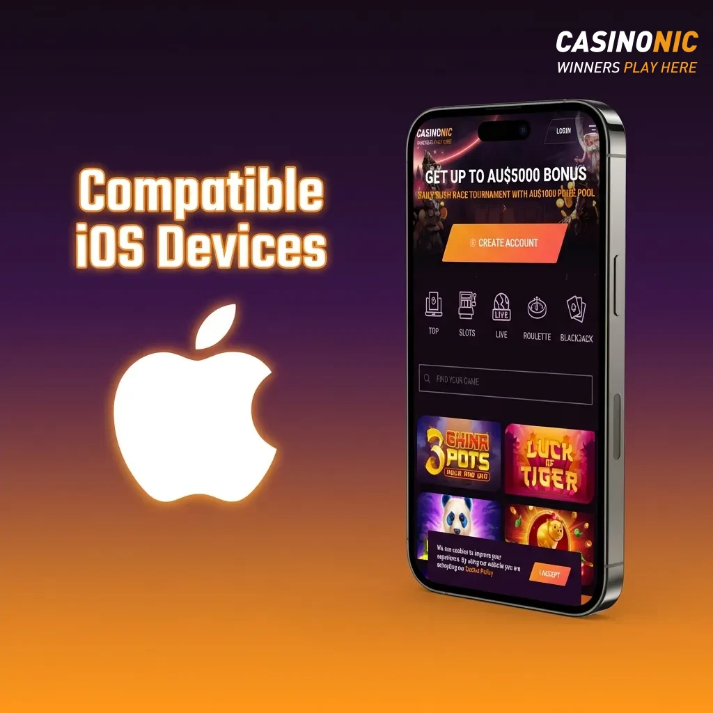 List of compatible iOS devices including iPhone X through 15 series and iPad Pro and Air models