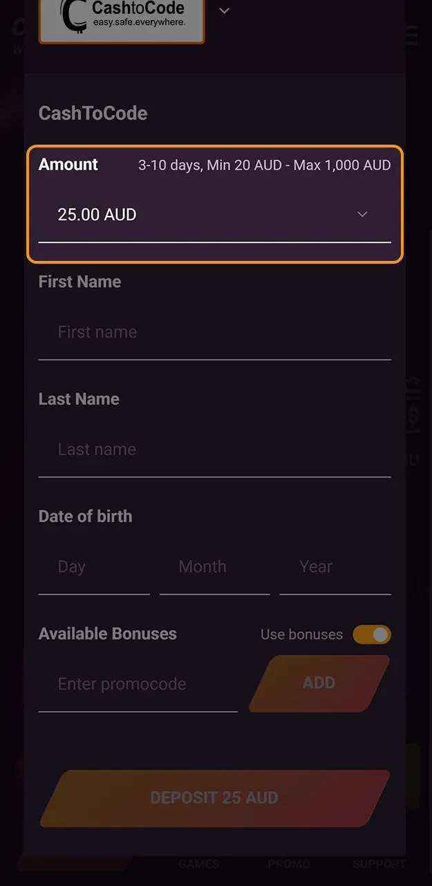 Specify the sum you want to deposit at Casinonic to start playing.