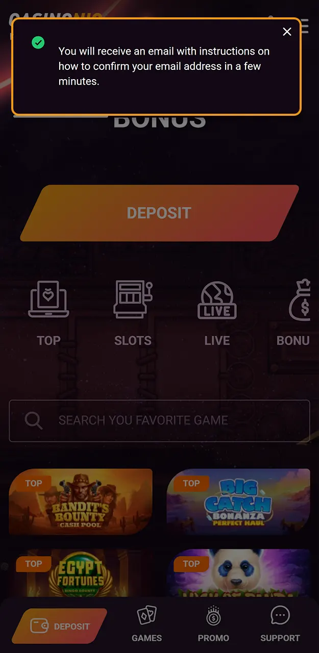 Finish your registration and activate the Casinonic account to start playing.