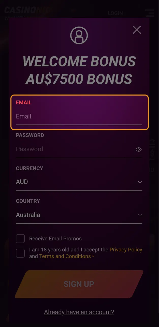 Select your preferred registration method to sign up at Casinonic quickly.
