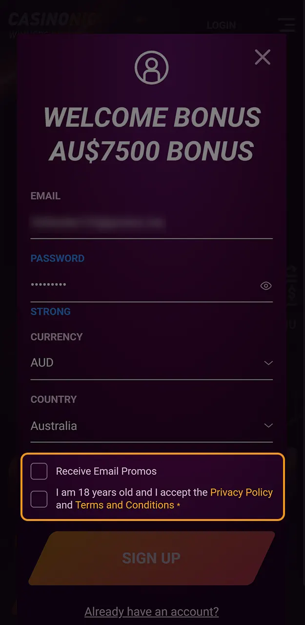 Verify all your registration info to complete the Casinonic sign up process.