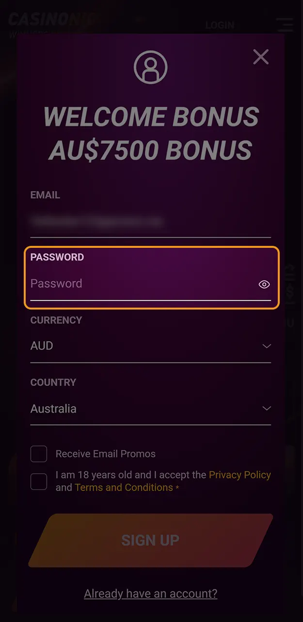 Create a secure registration password to protect your Casinonic profile data.