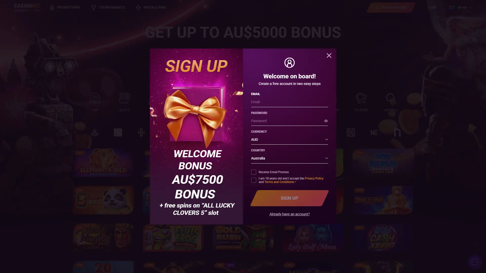 Fill out the registration form at Casinonic to create your player account.